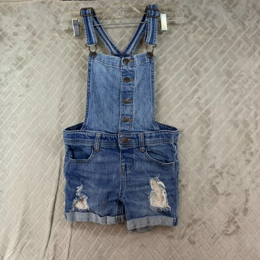 Cat & Jack Girls 7 Denim Jeans Overall Shorts Blue Stretch Distressed Floral